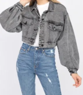 Acid Wash Denim Balloon Sleeve Cropped Jean Jacket