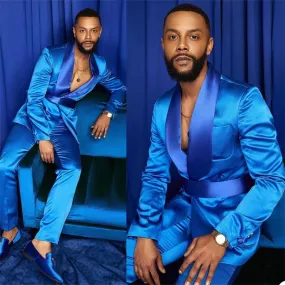 Aidase 2-Piece Men Suits Silk Satin Wedding Tuxedos Summer Party Wear Fit Fashion Blue Business For Best Man Peaked Lapel Blazer Suit