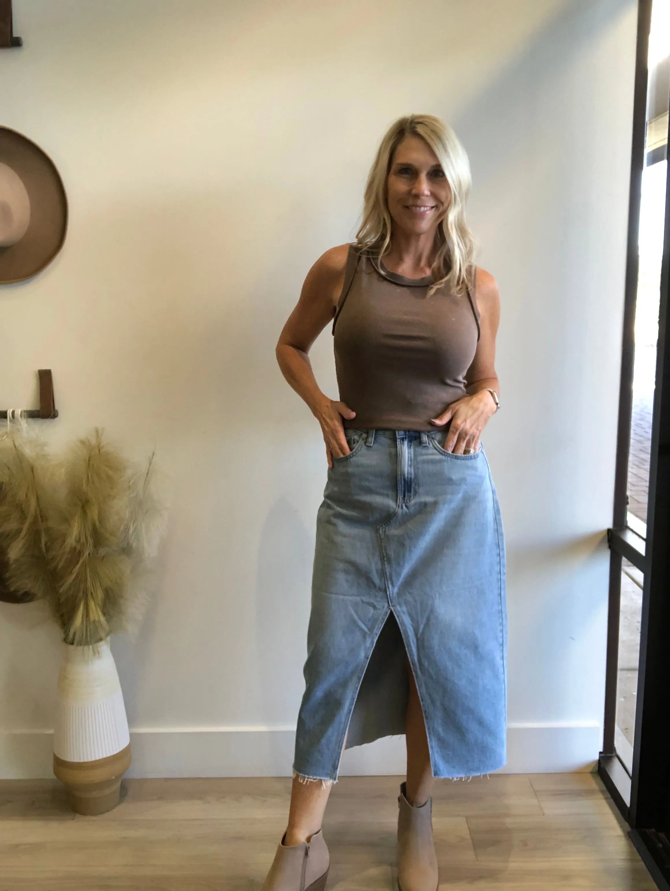 Alise Open Slit Maxi Denim Skirt