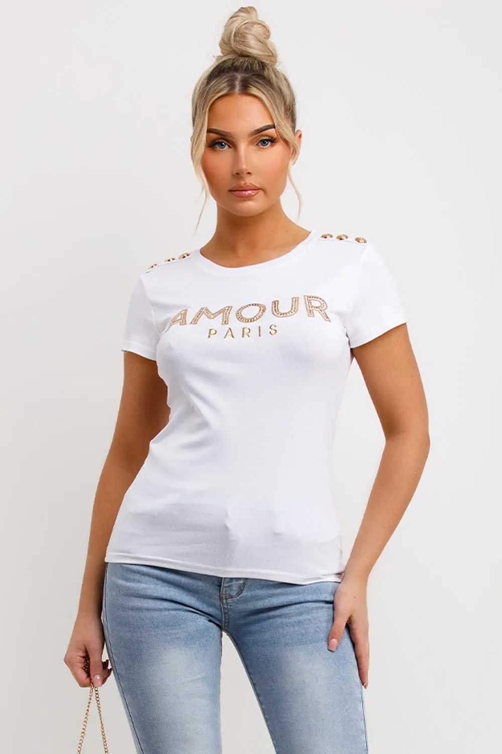 Amour Paris Diamante T Shirt White