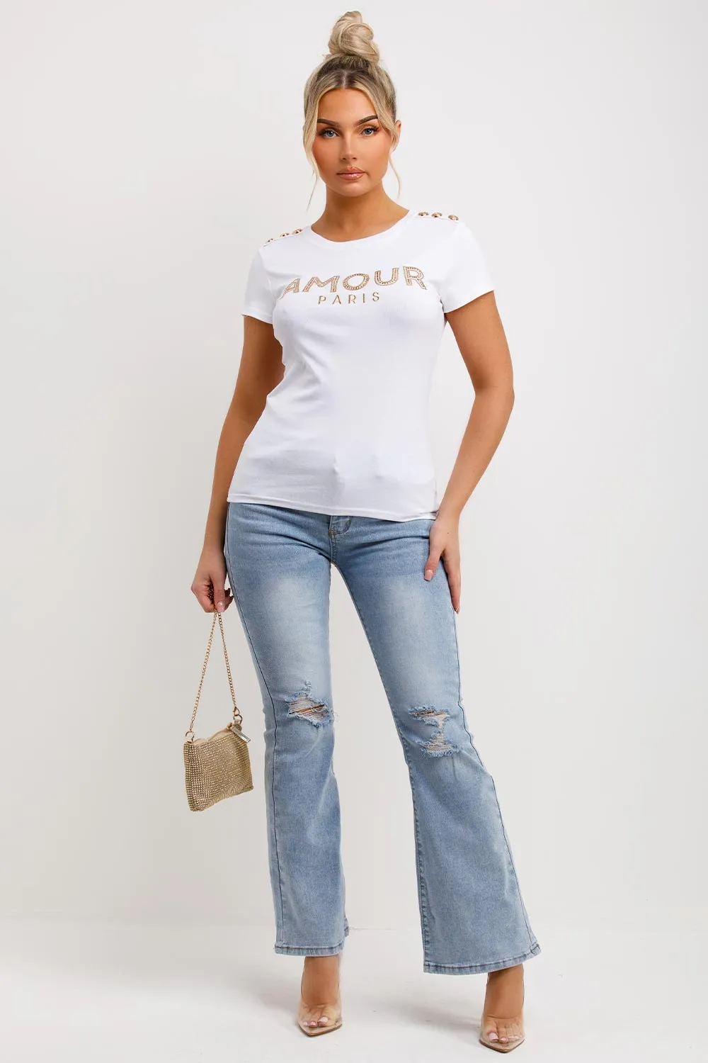 Amour Paris Diamante T Shirt White