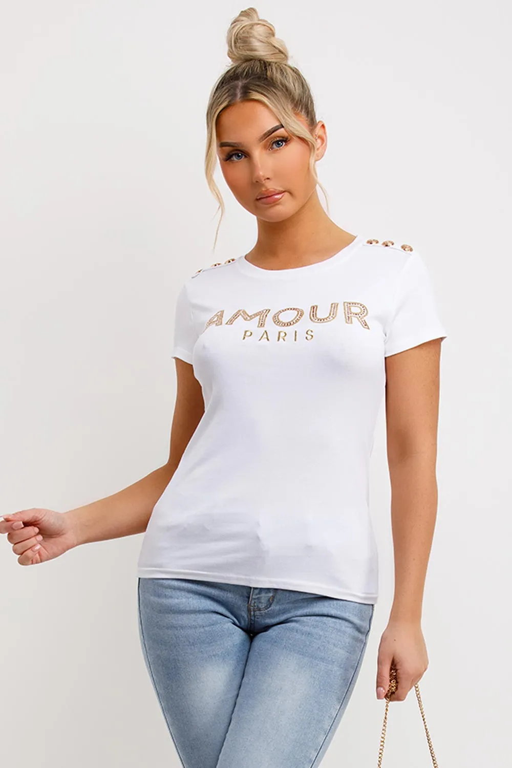 Amour Paris Diamante T Shirt White