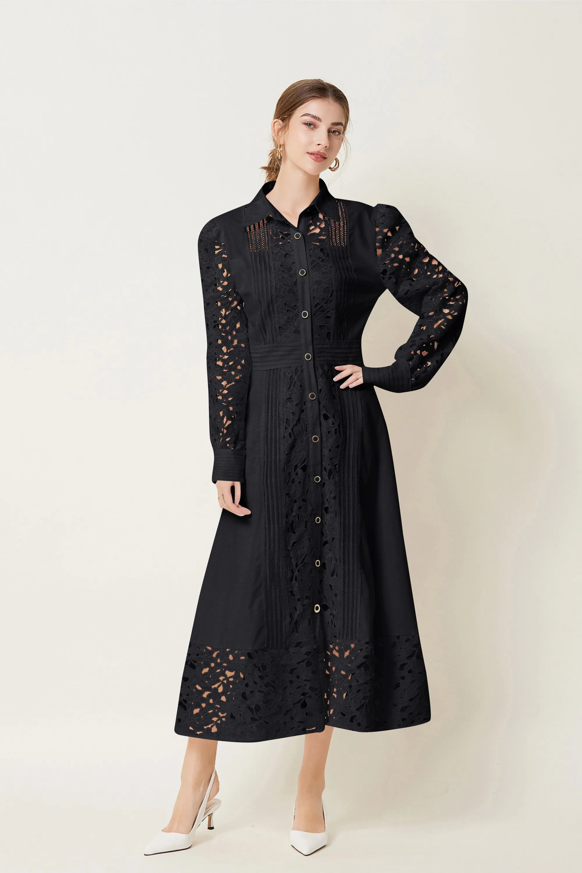 BK-Lapel Long Sleeves Lace Buttons Maxi Dress