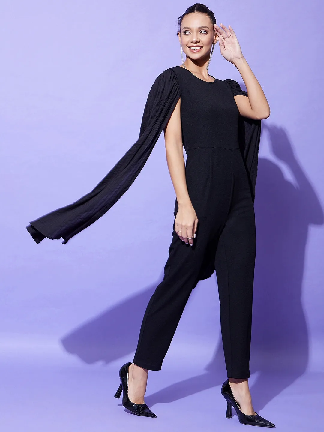 Black Polyester Fitted Jumpsuit With Long Cape Sleeves