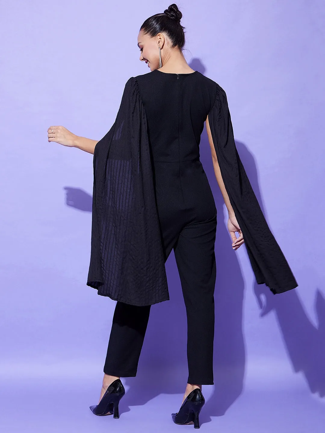 Black Polyester Fitted Jumpsuit With Long Cape Sleeves