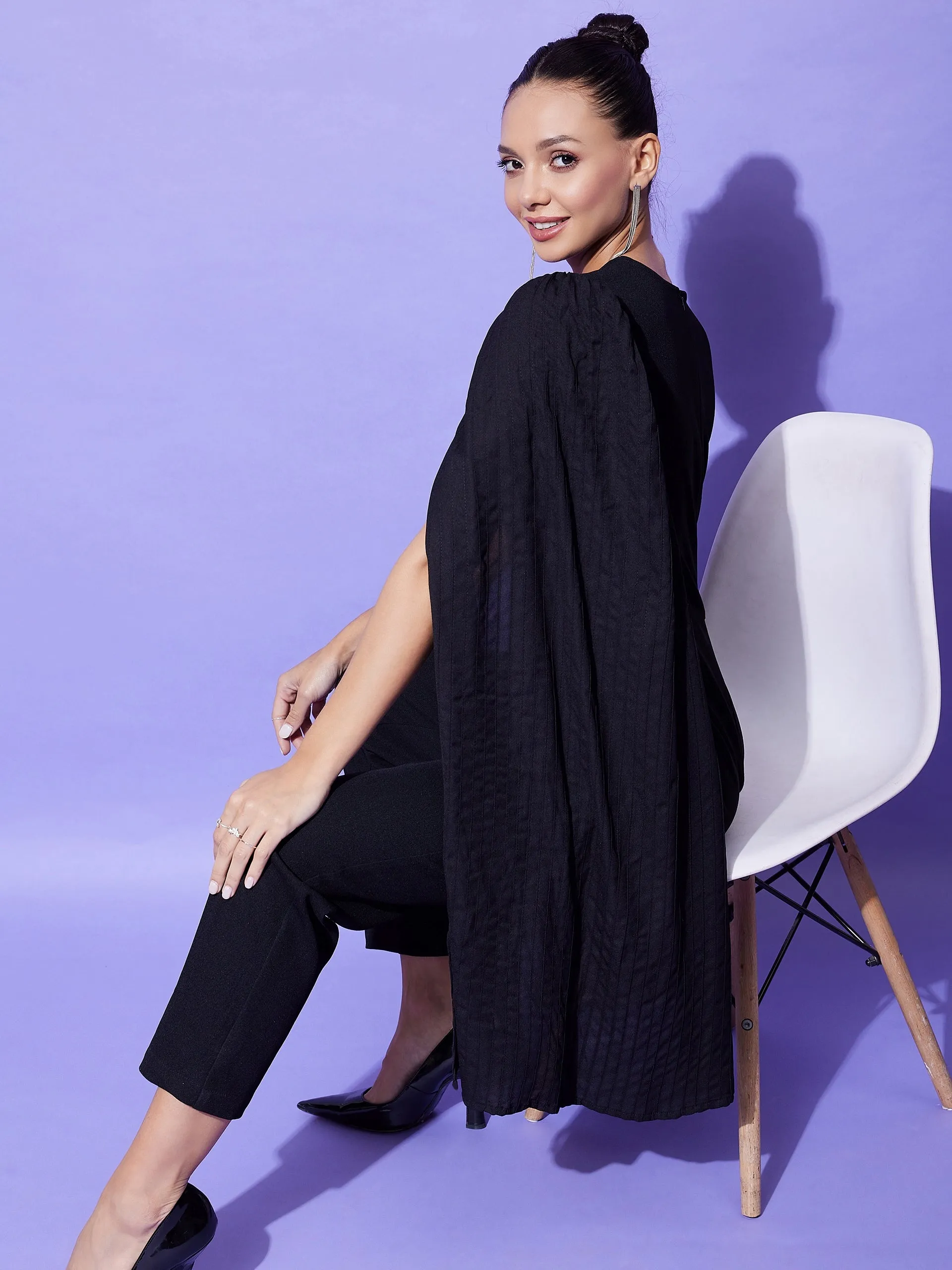 Black Polyester Fitted Jumpsuit With Long Cape Sleeves
