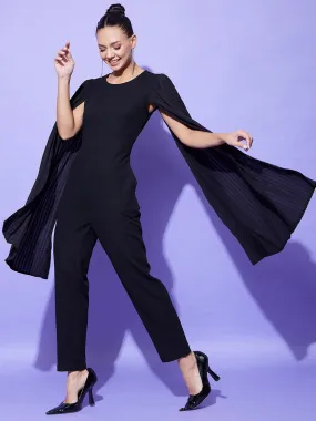 Black Polyester Fitted Jumpsuit With Long Cape Sleeves