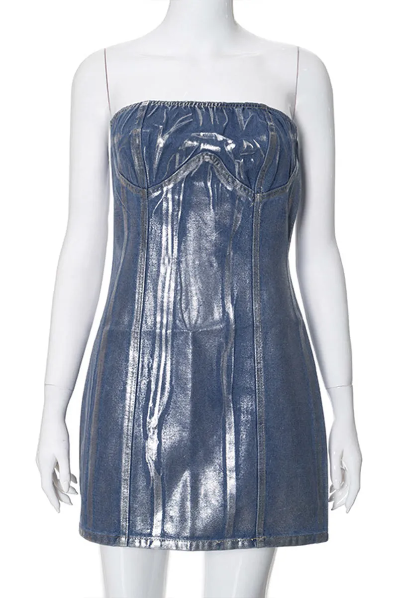 BM0130 Metallic Denim Short Dress