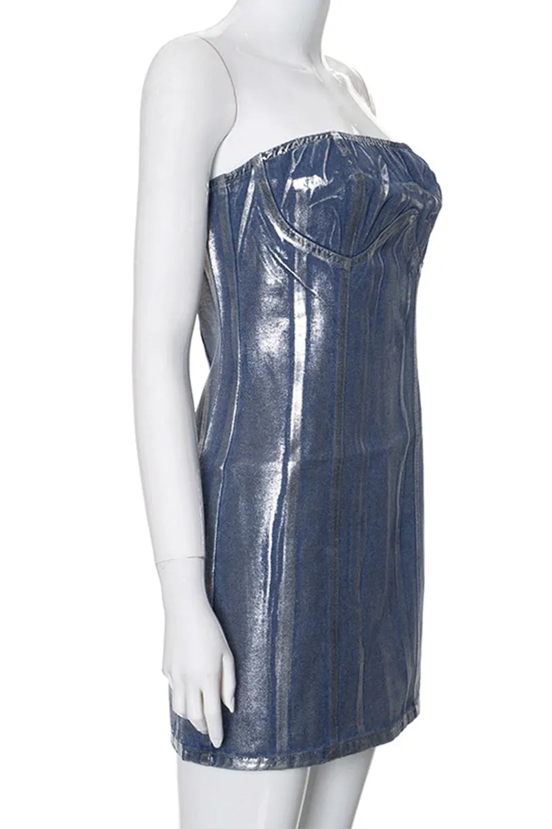 BM0130 Metallic Denim Short Dress