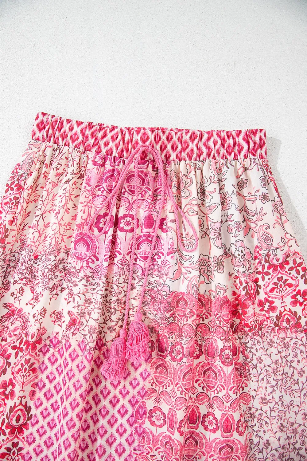Bohemian Pink Printed Tassel Drawstring Maxi Skirt