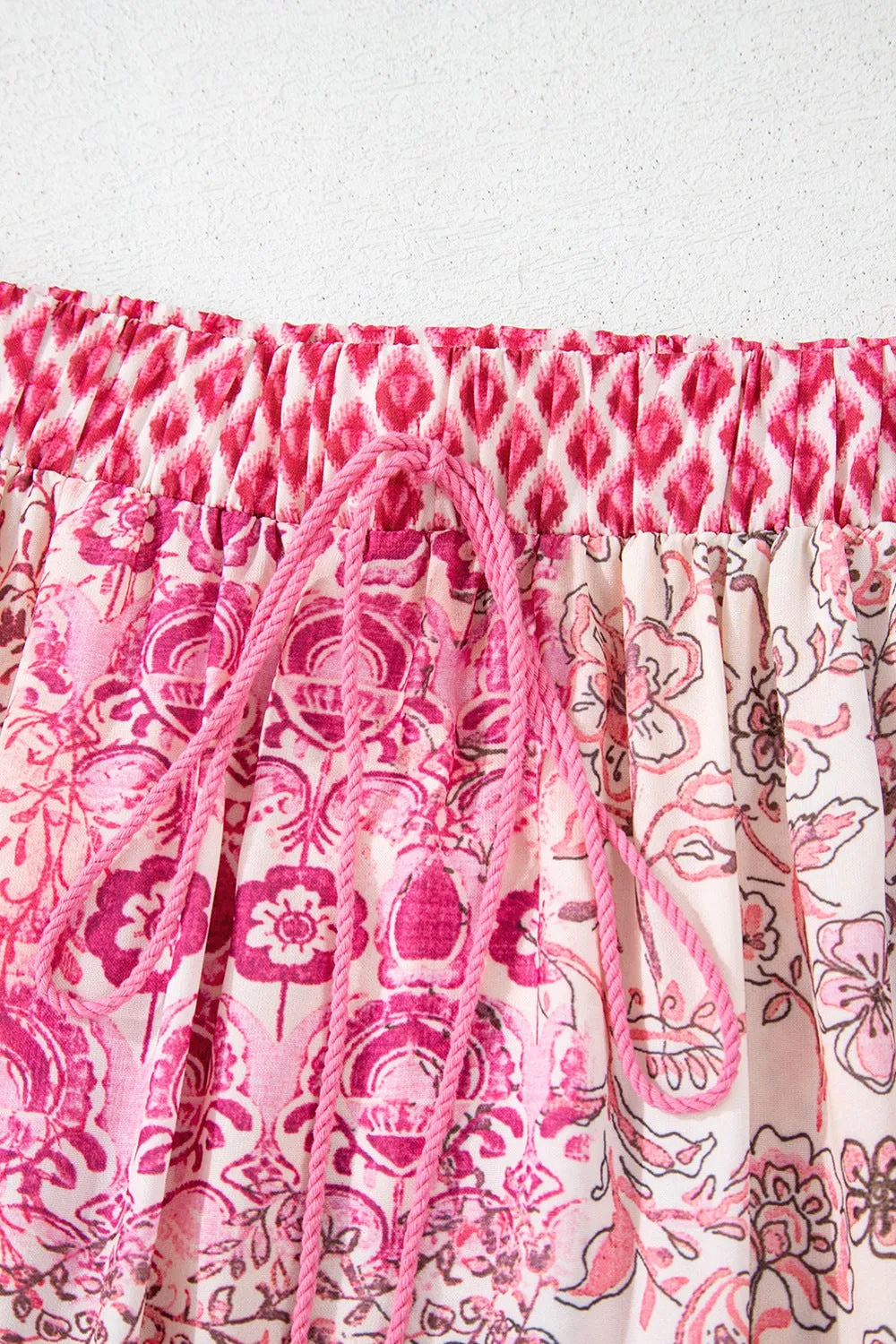 Bohemian Pink Printed Tassel Drawstring Maxi Skirt