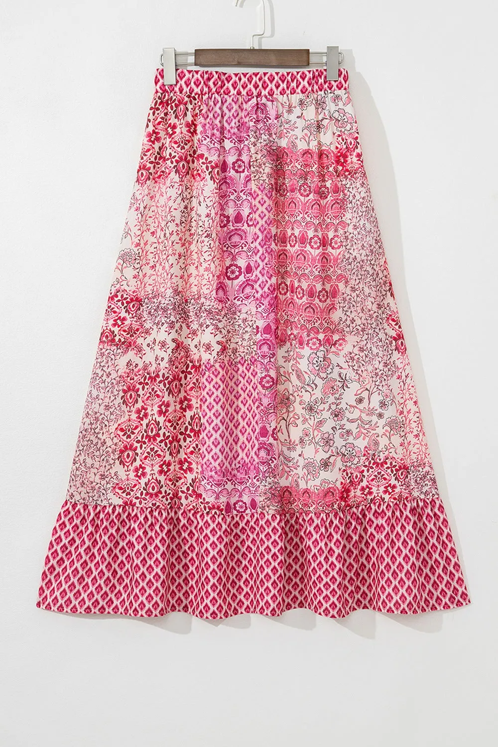 Bohemian Pink Printed Tassel Drawstring Maxi Skirt