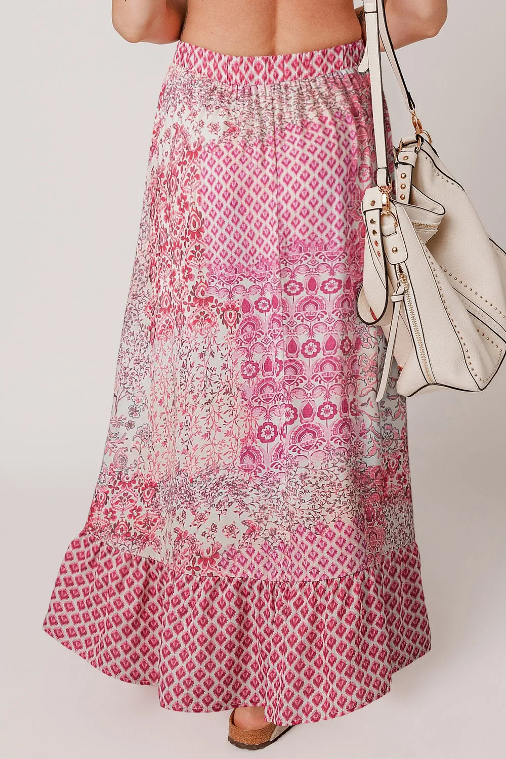 Bohemian Pink Printed Tassel Drawstring Maxi Skirt