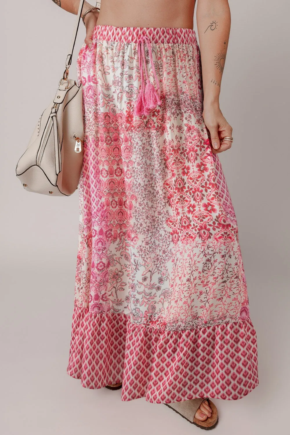 Bohemian Pink Printed Tassel Drawstring Maxi Skirt