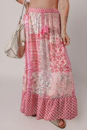 Bohemian Pink Printed Tassel Drawstring Maxi Skirt