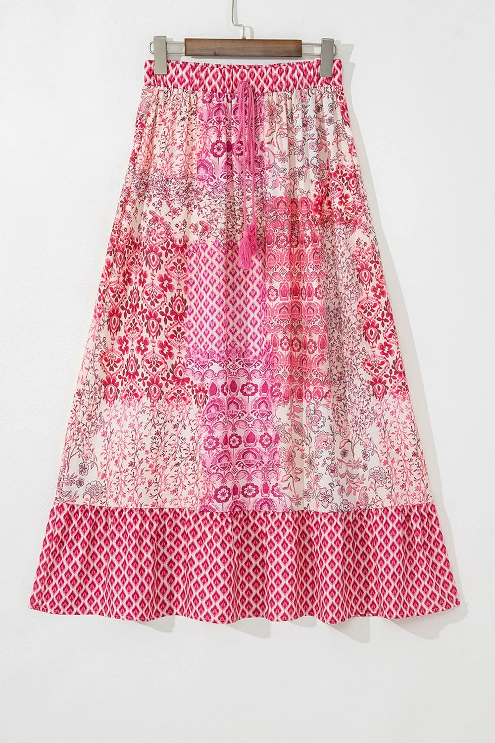 Bohemian Pink Printed Tassel Drawstring Maxi Skirt