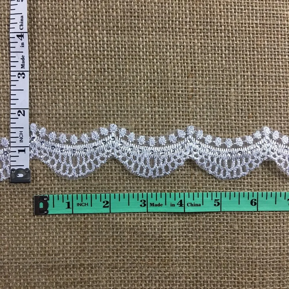 Bridal Trim Lace Embroidered & Silver Sequins Organza Ground, 1.5" Wide, White, for Bridal Veil Communion Christening Baptism Dress Cape