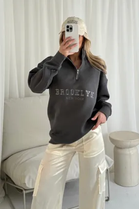 Brooklyn steel grey embroidered 3/4 zip sweater