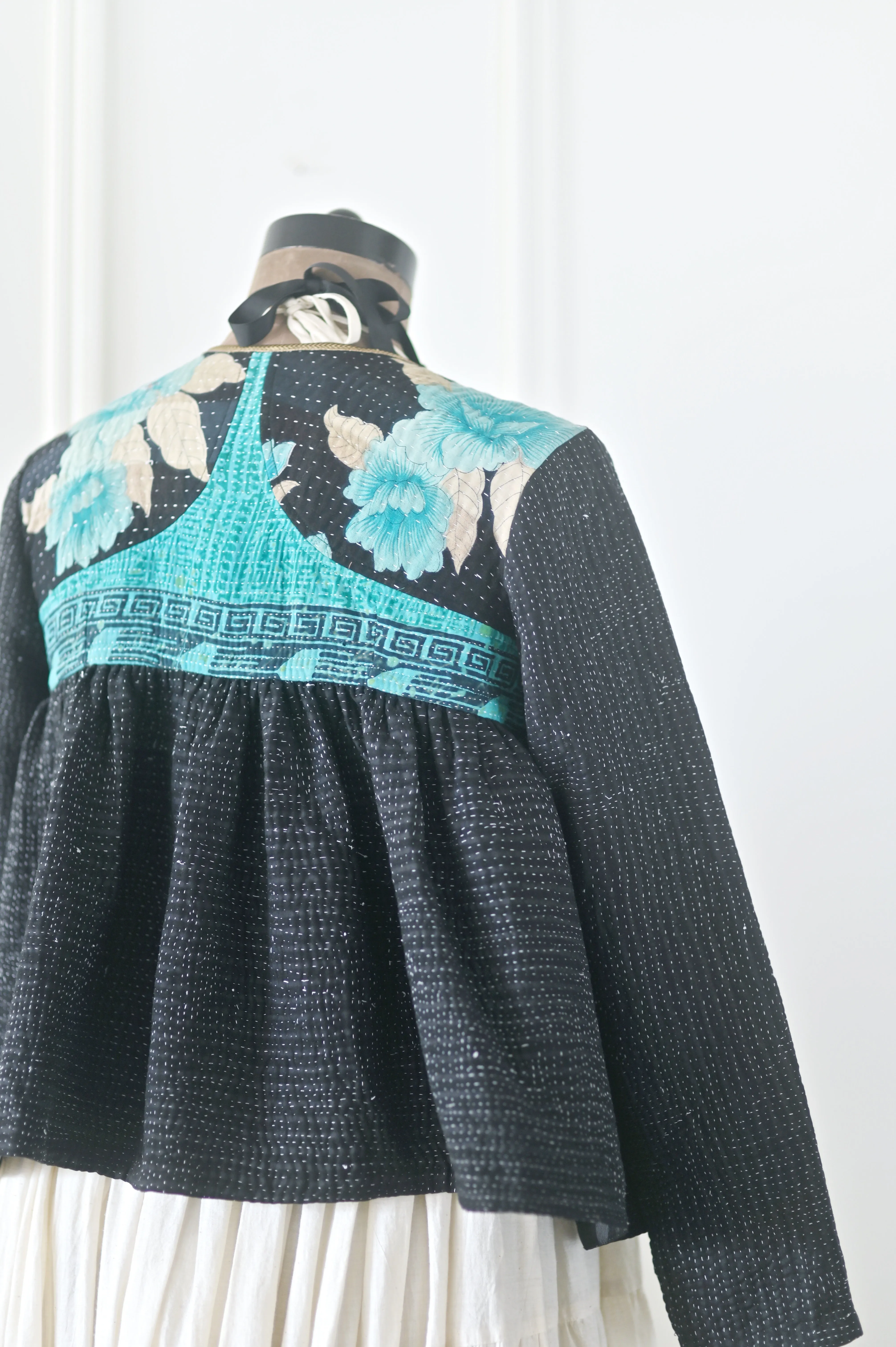 Cairo, Large Size, Vintage Kantha, Flared Boho Jacket with Front Ties & Tassels