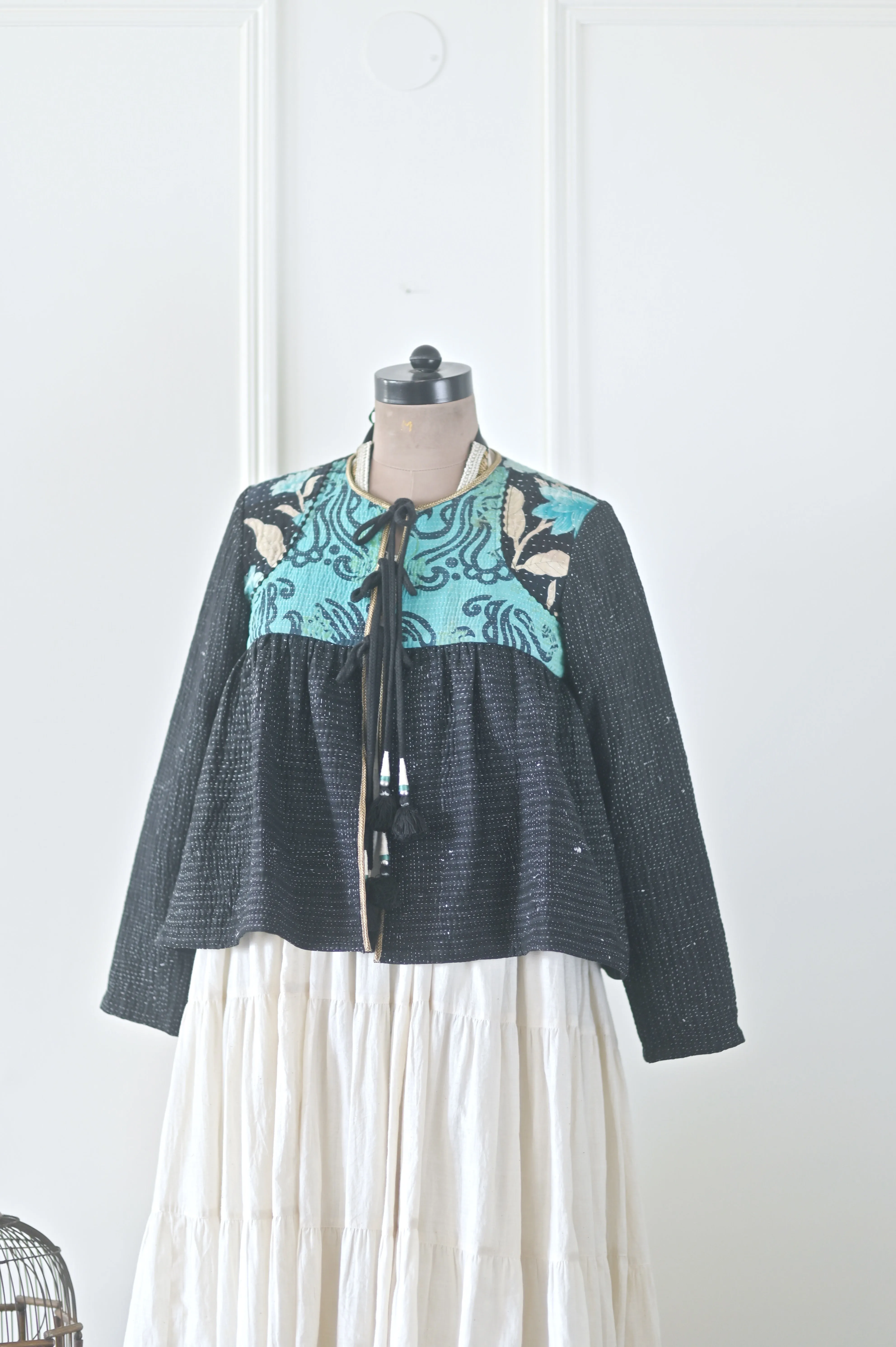 Cairo, Large Size, Vintage Kantha, Flared Boho Jacket with Front Ties & Tassels