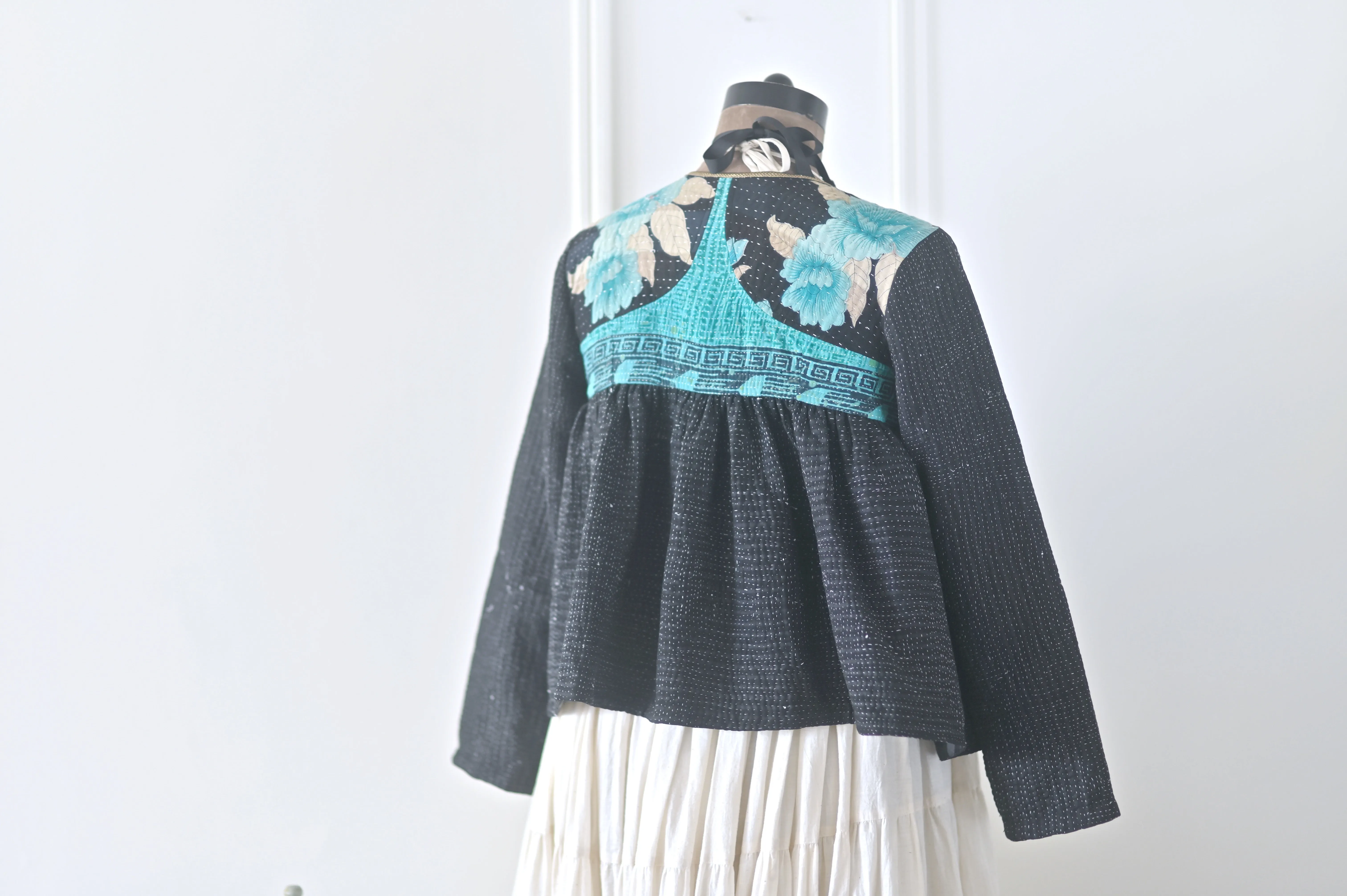 Cairo, Large Size, Vintage Kantha, Flared Boho Jacket with Front Ties & Tassels