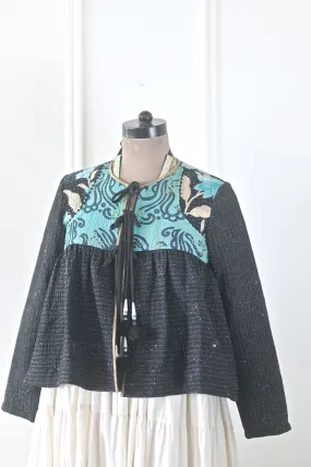 Cairo, Large Size, Vintage Kantha, Flared Boho Jacket with Front Ties & Tassels