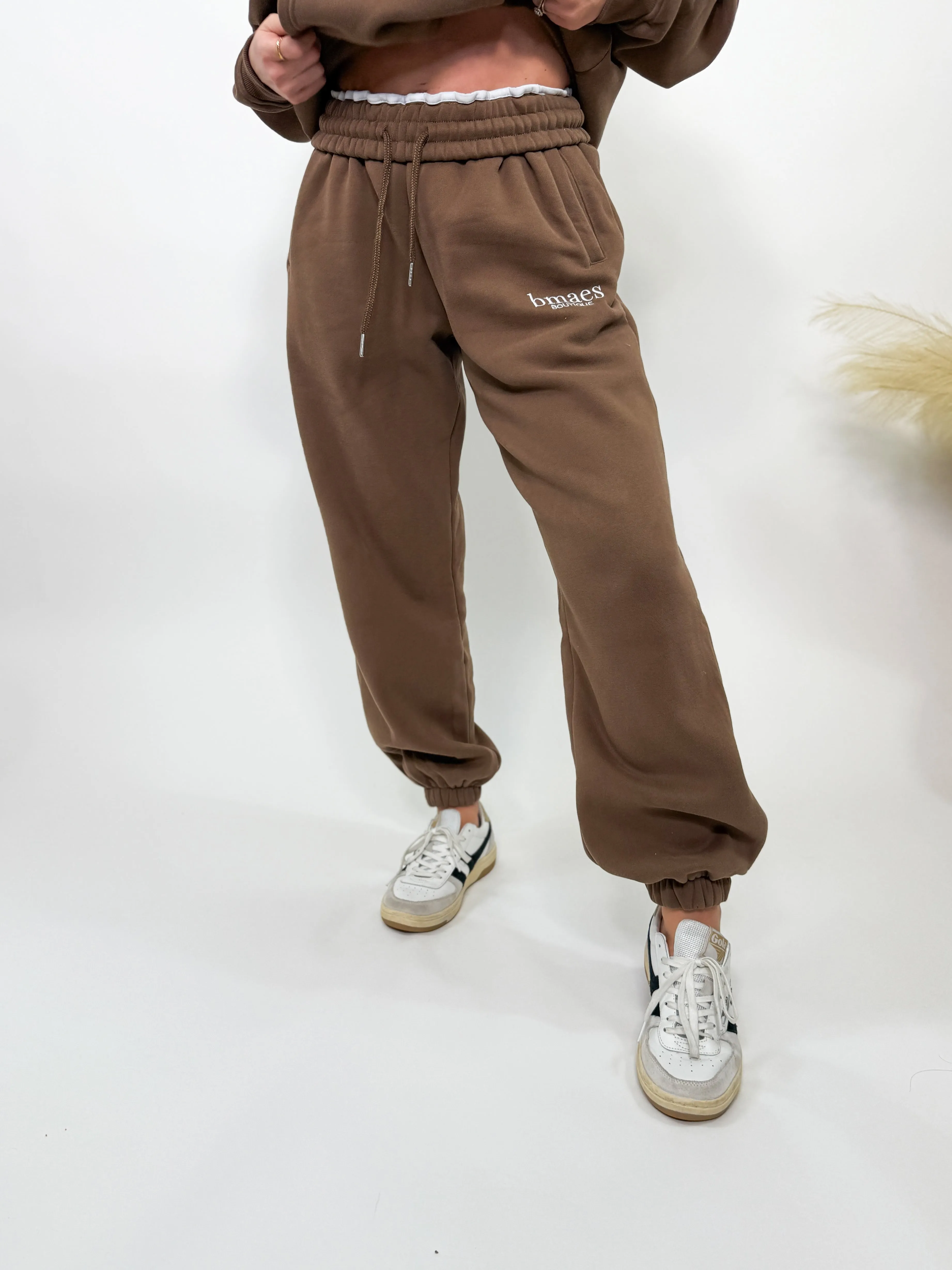 Chocolate Brown Fleece-Lined Luxury Lounge Bmaes Joggers with Pockets
