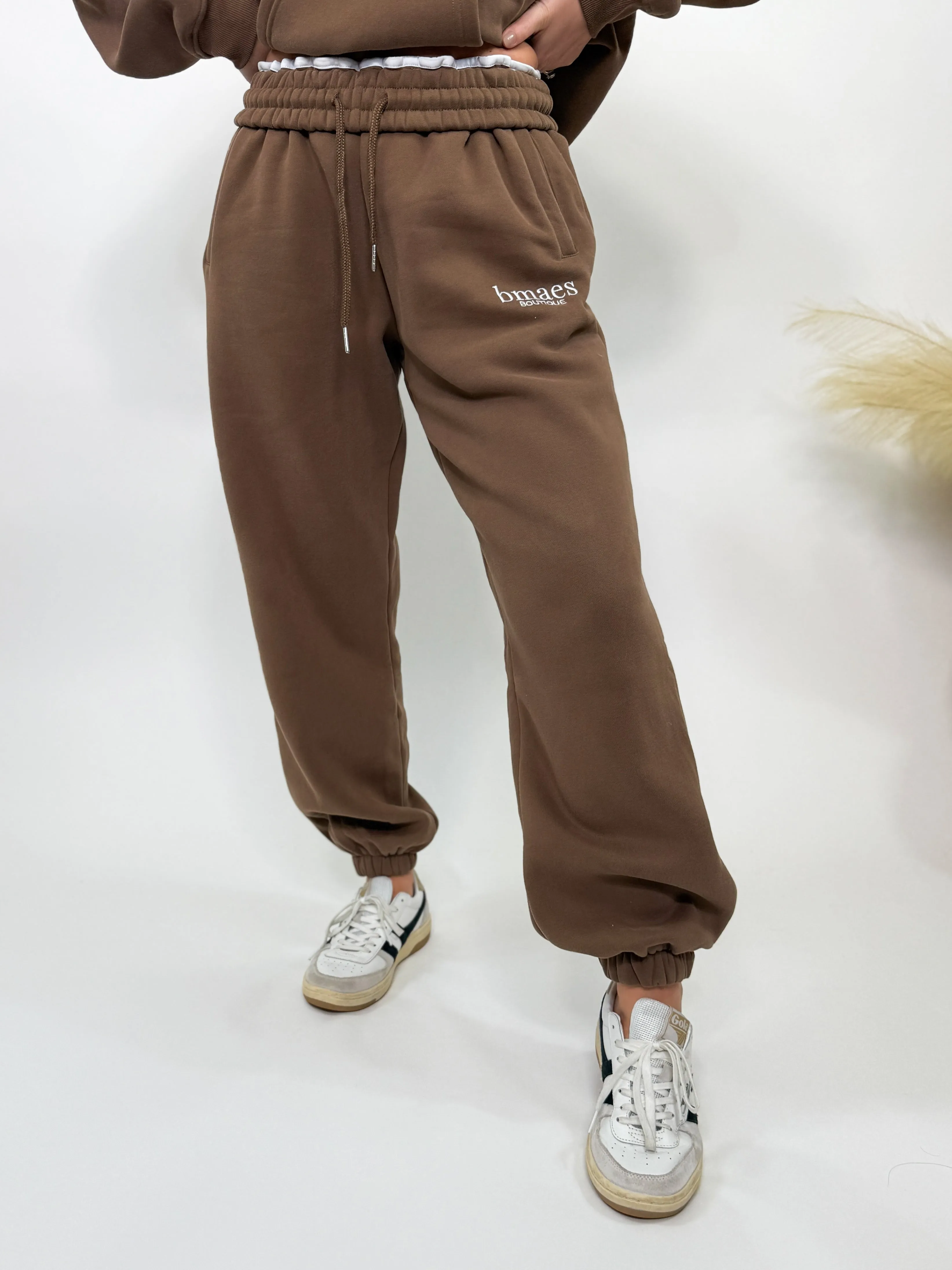 Chocolate Brown Fleece-Lined Luxury Lounge Bmaes Joggers with Pockets