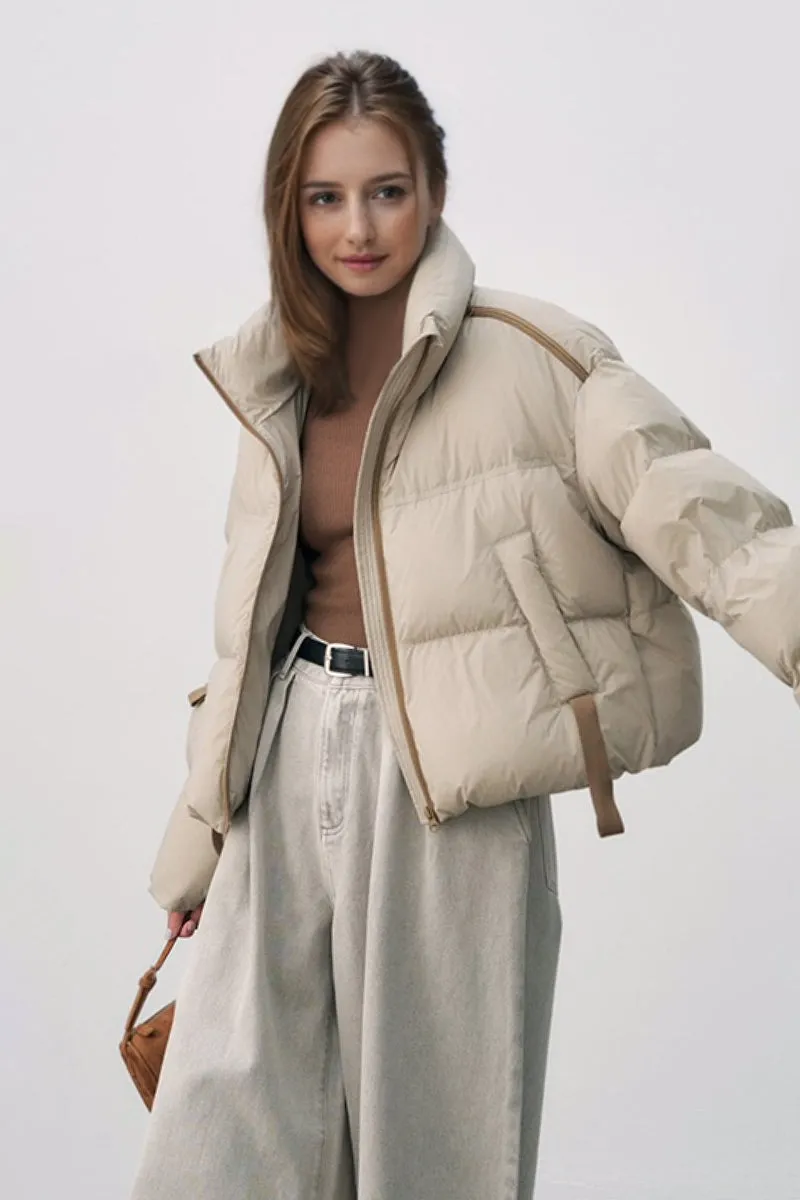 Cropped Stand Collar Down Puffer Jacket with Functional Pockets