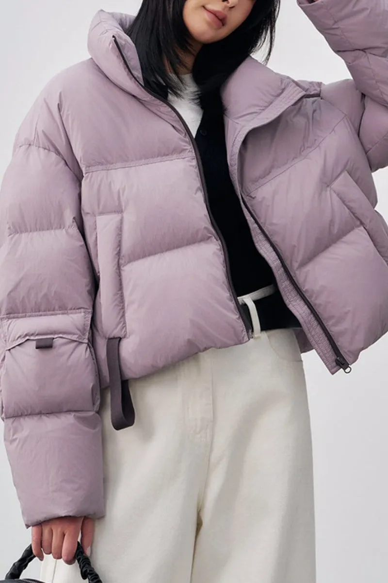 Cropped Stand Collar Down Puffer Jacket with Functional Pockets