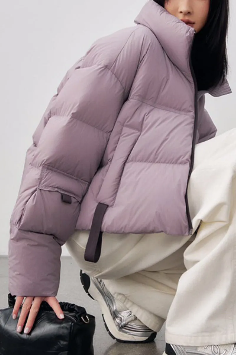 Cropped Stand Collar Down Puffer Jacket with Functional Pockets