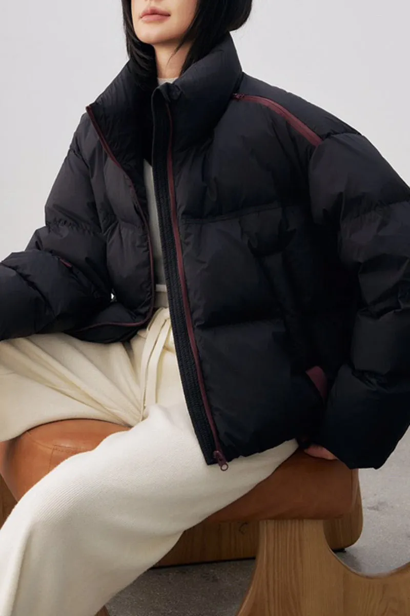 Cropped Stand Collar Down Puffer Jacket with Functional Pockets