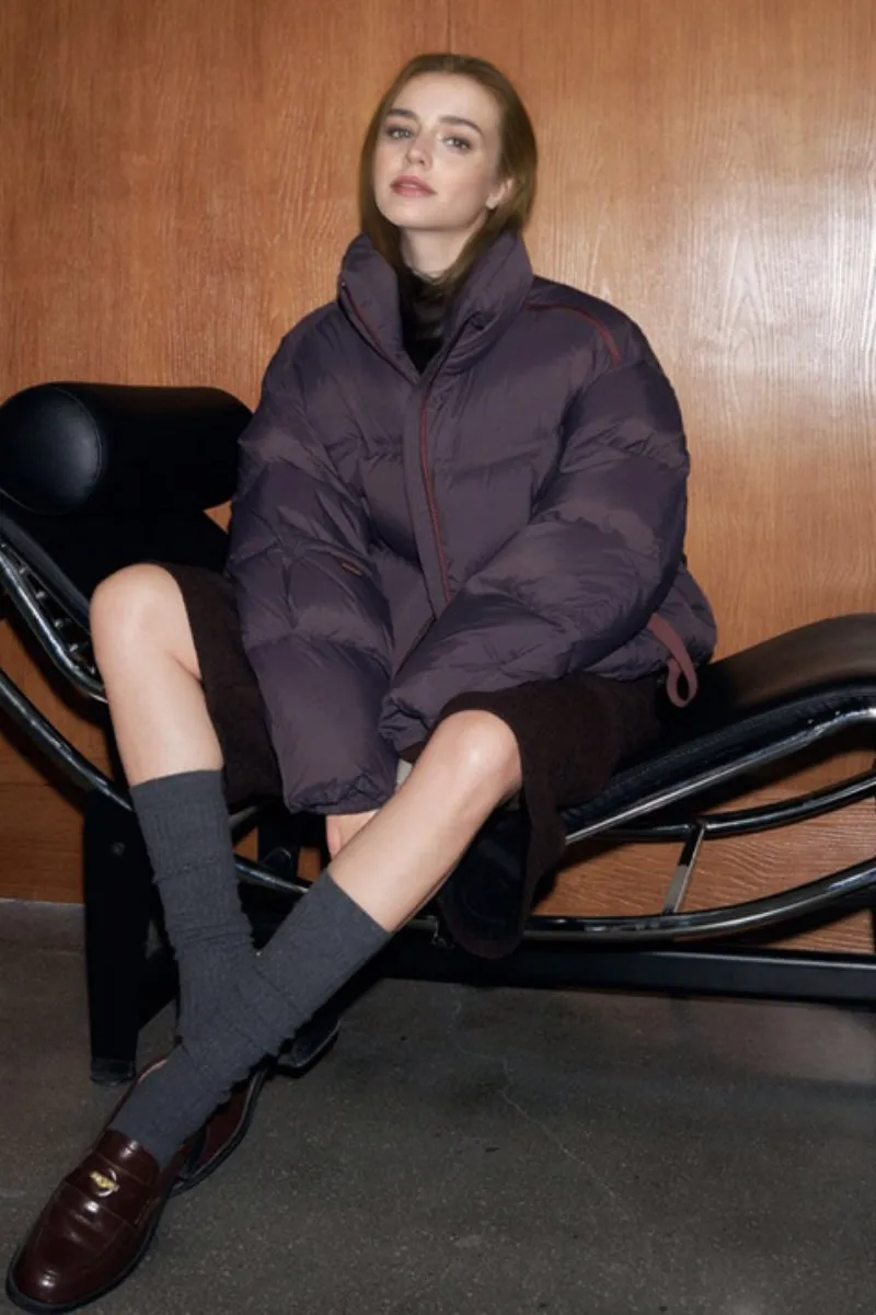 Cropped Stand Collar Down Puffer Jacket with Functional Pockets