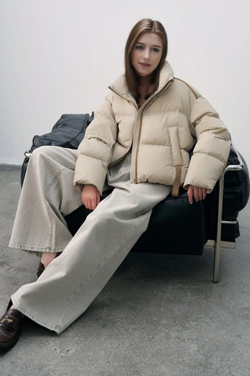 Cropped Stand Collar Down Puffer Jacket with Functional Pockets