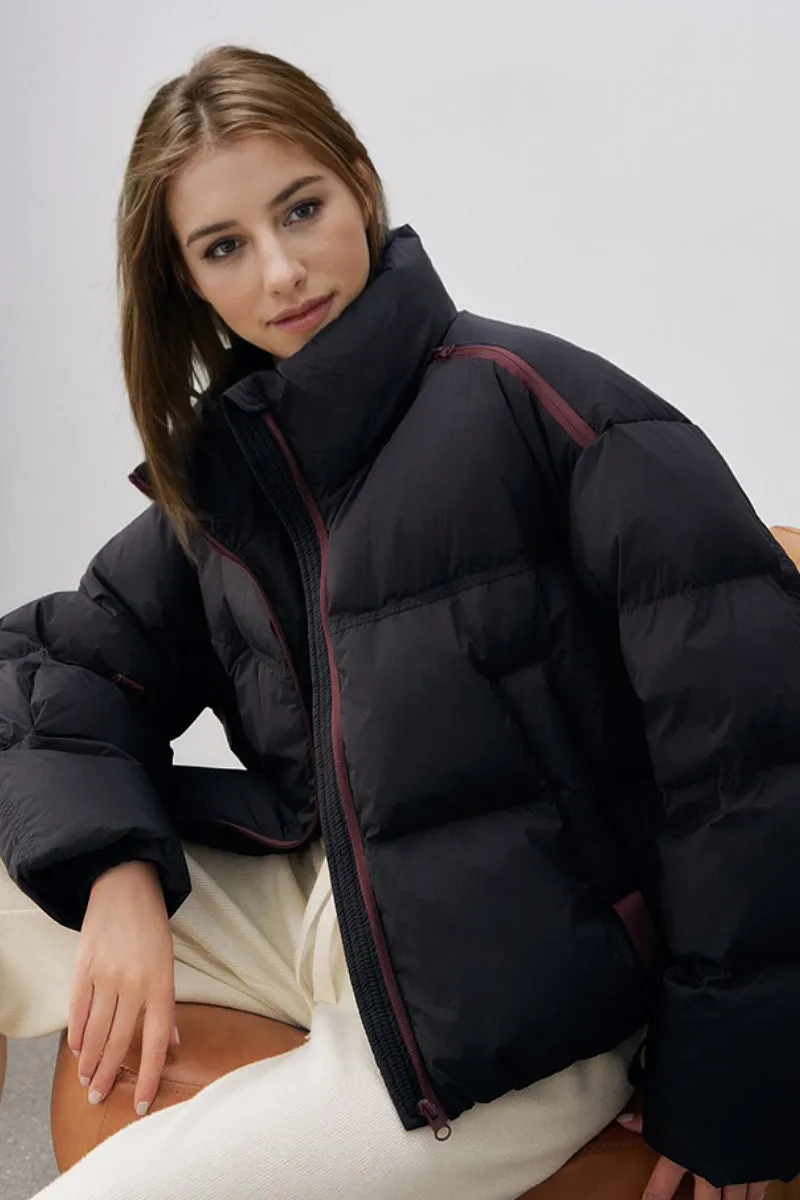 Cropped Stand Collar Down Puffer Jacket with Functional Pockets