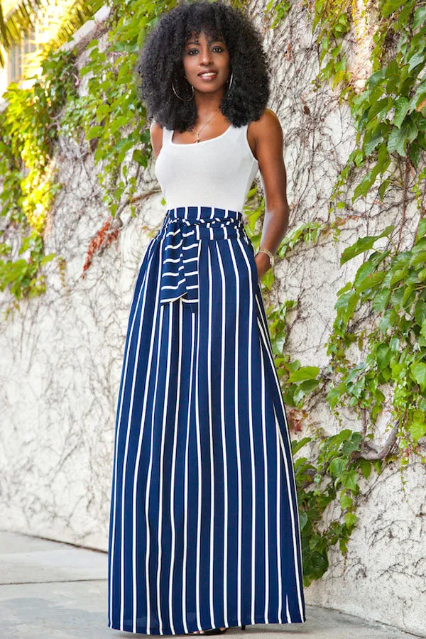 Dark Blue Striped Maxi Skirt