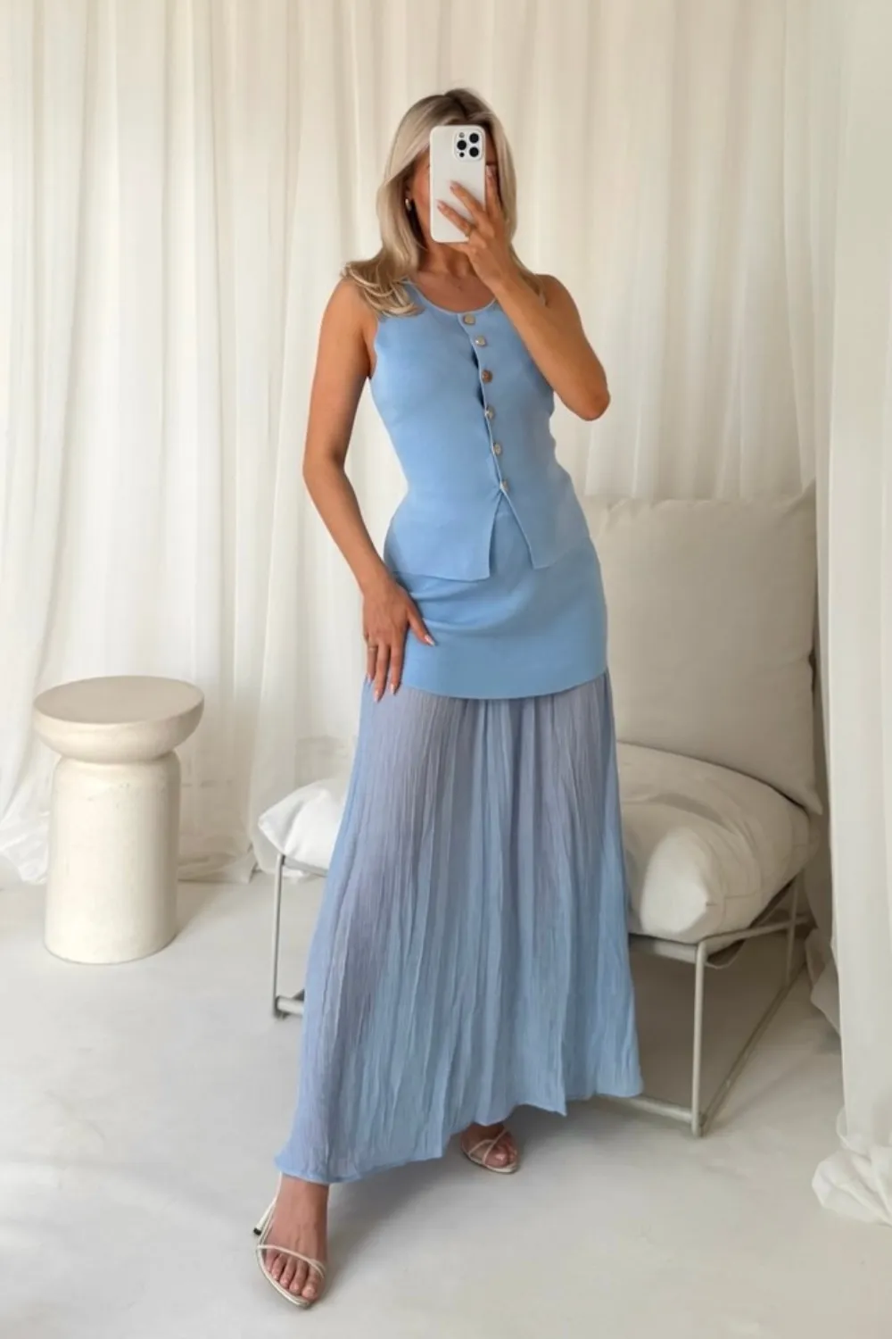 Delilah blue knit waistcoat & pleated sheer maxi skirt