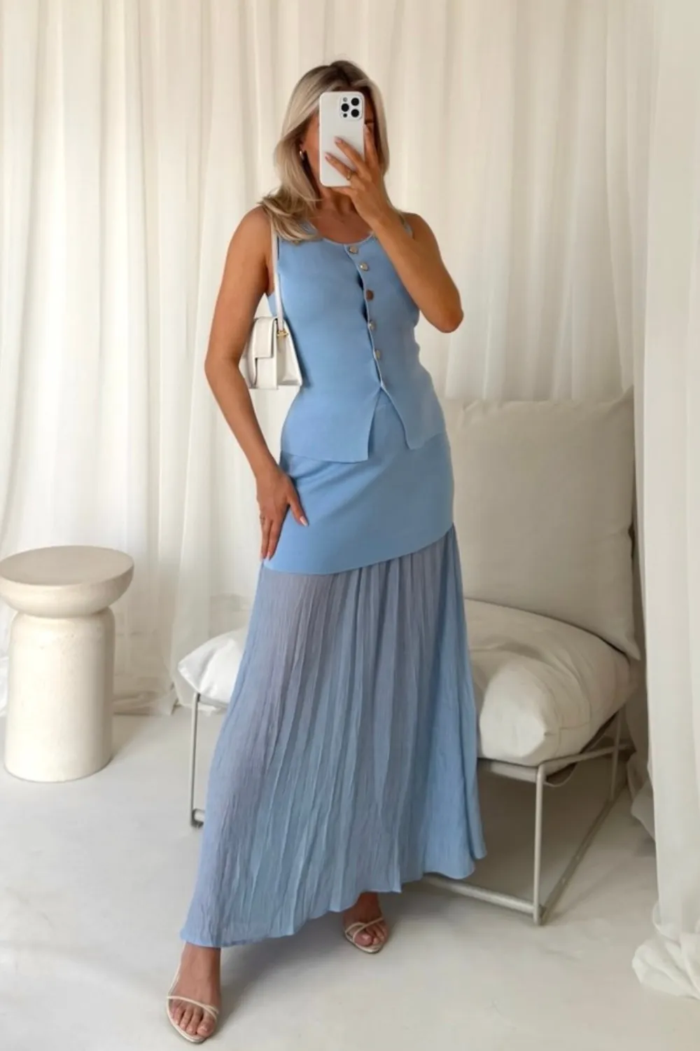 Delilah blue knit waistcoat & pleated sheer maxi skirt