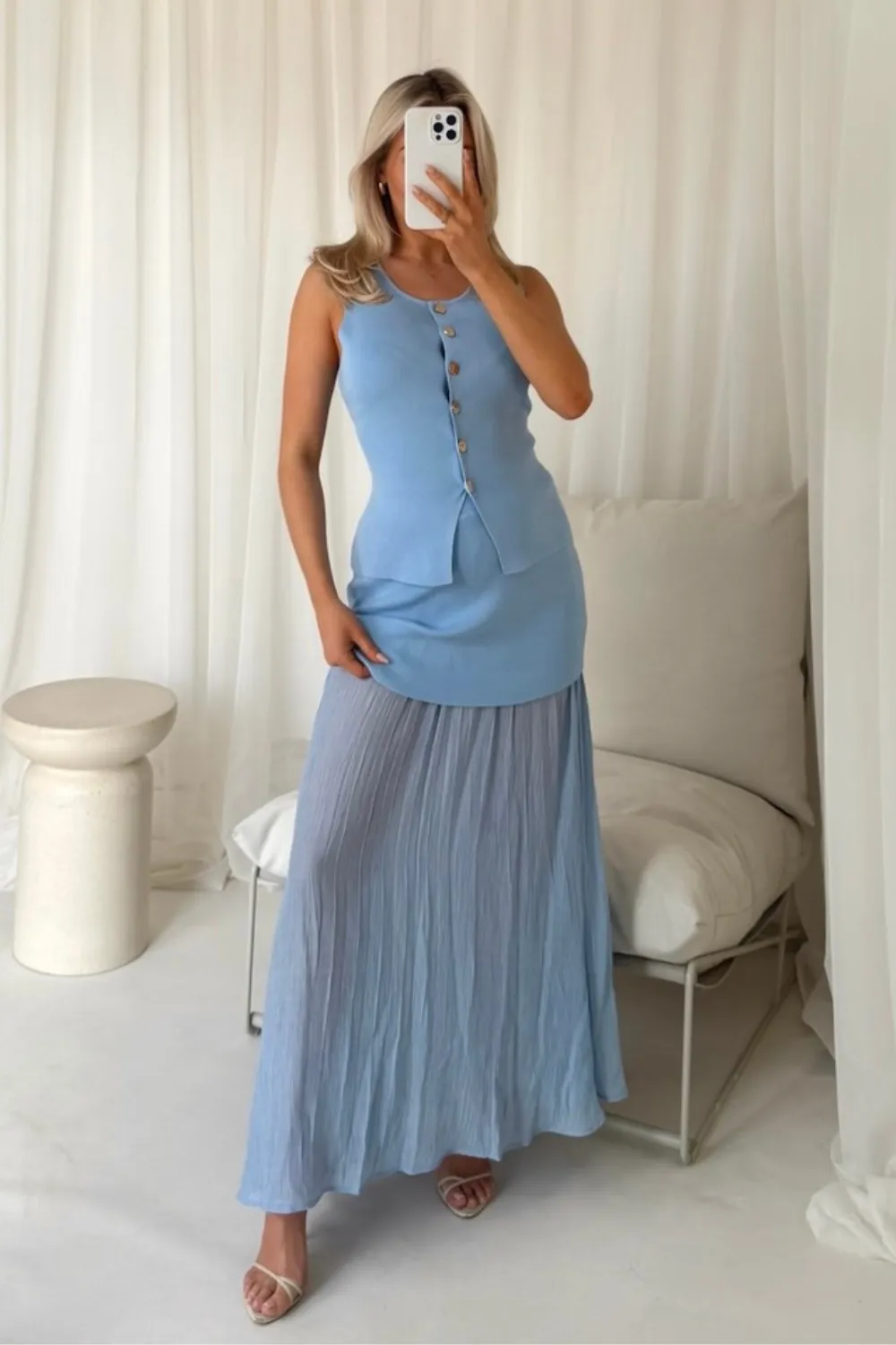 Delilah blue knit waistcoat & pleated sheer maxi skirt