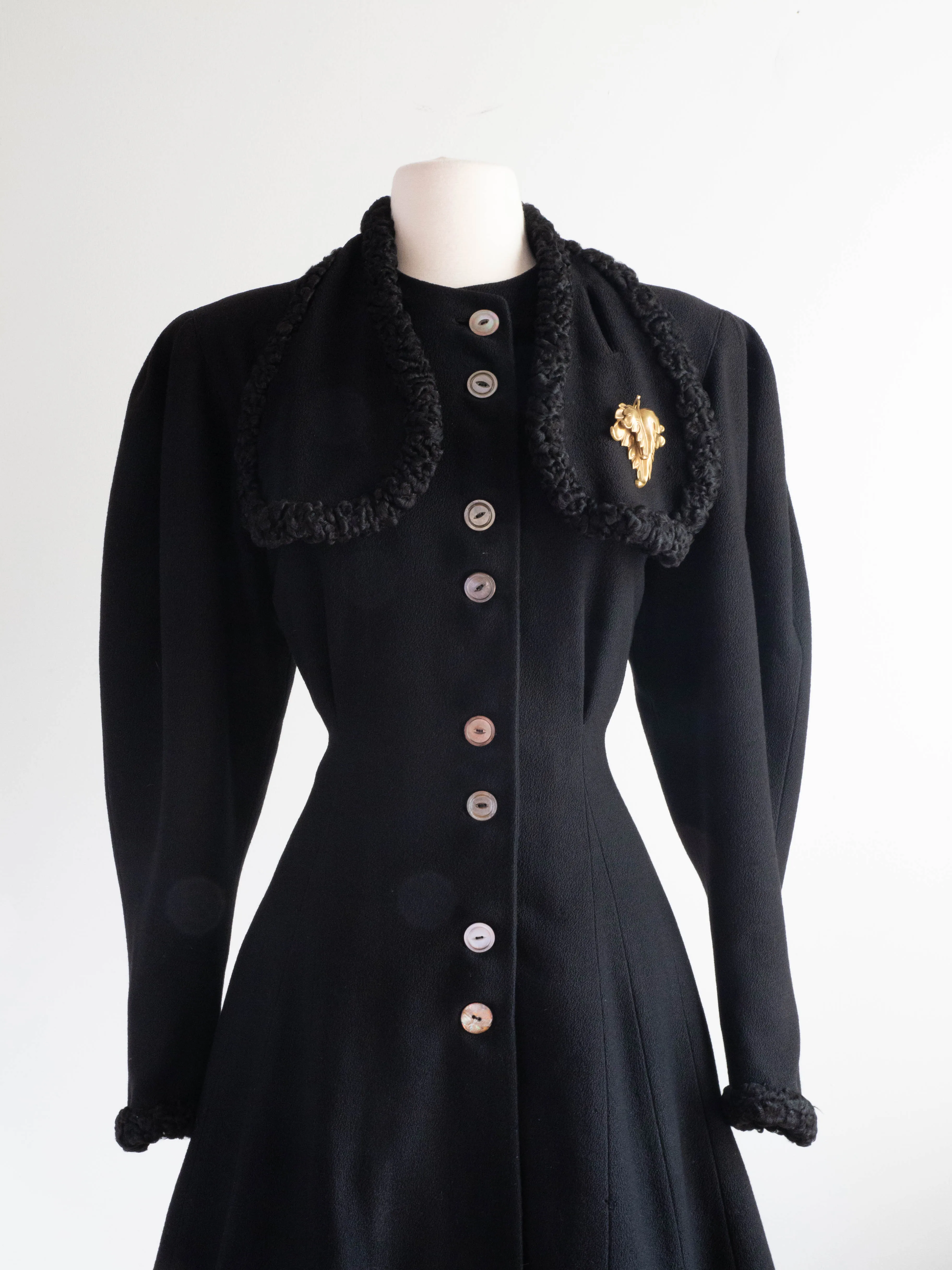 Dramatic 1930's Black Wool Princess Coat With Fur Trim / SM