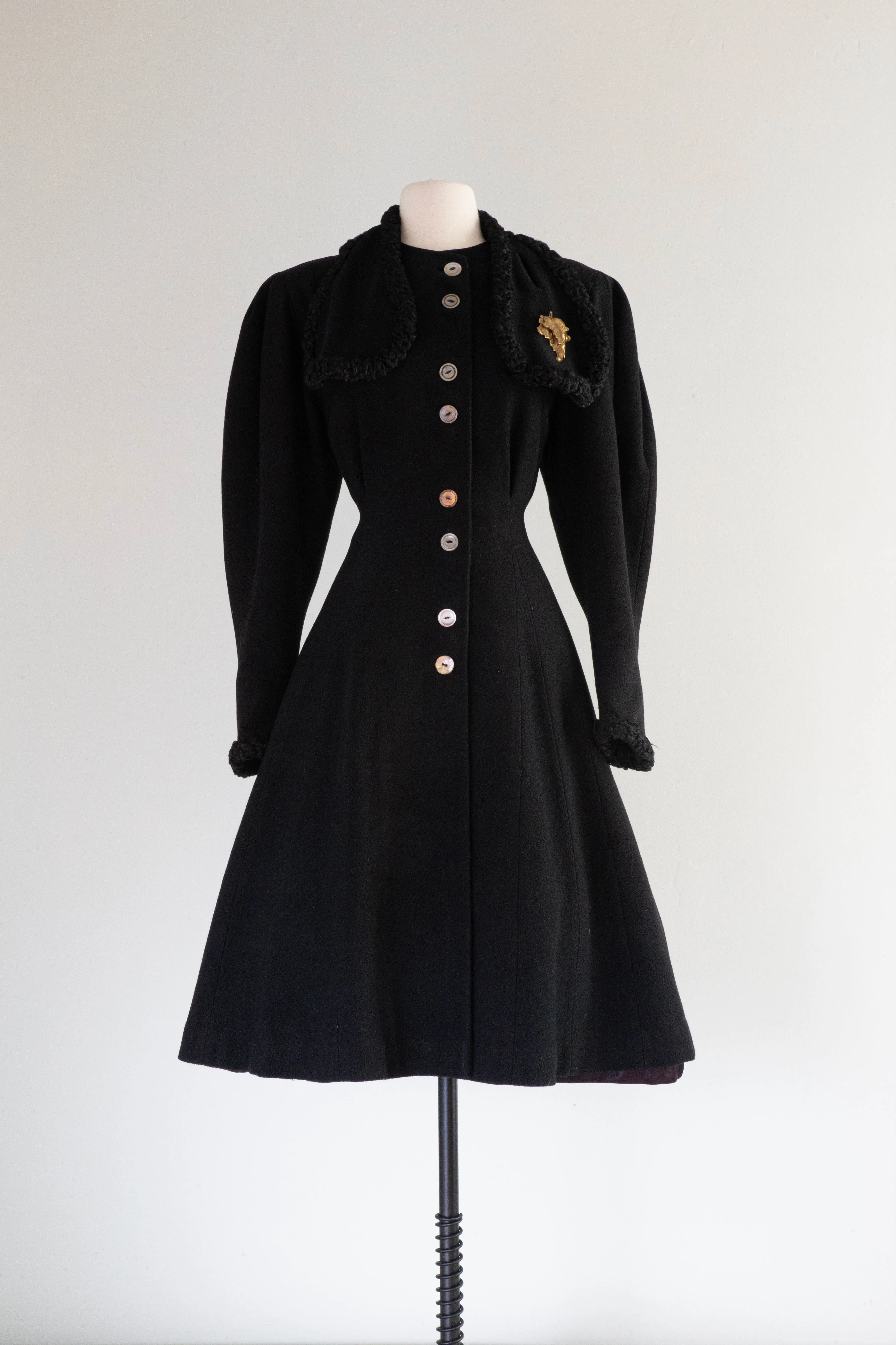 Dramatic 1930's Black Wool Princess Coat With Fur Trim / SM