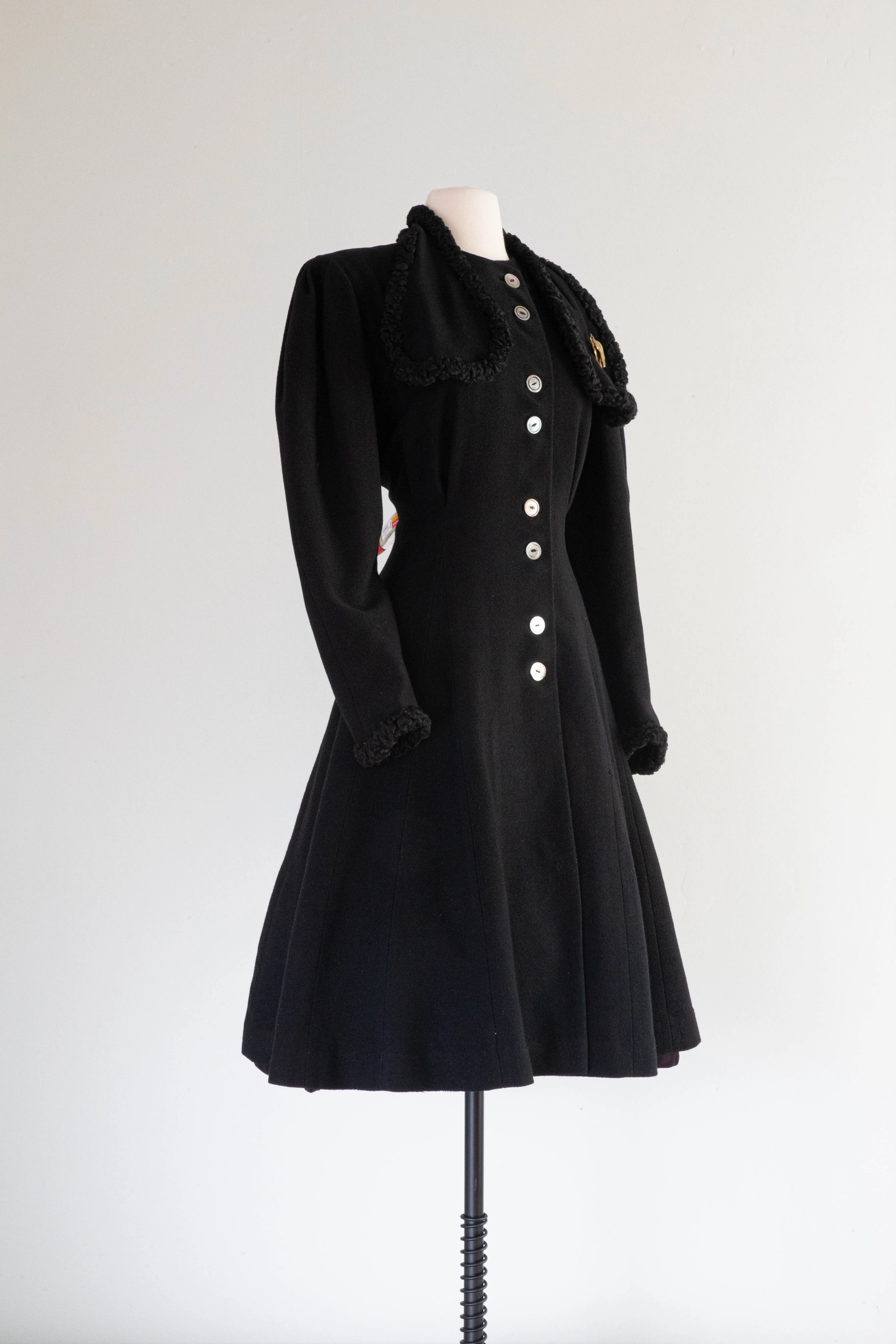 Dramatic 1930's Black Wool Princess Coat With Fur Trim / SM