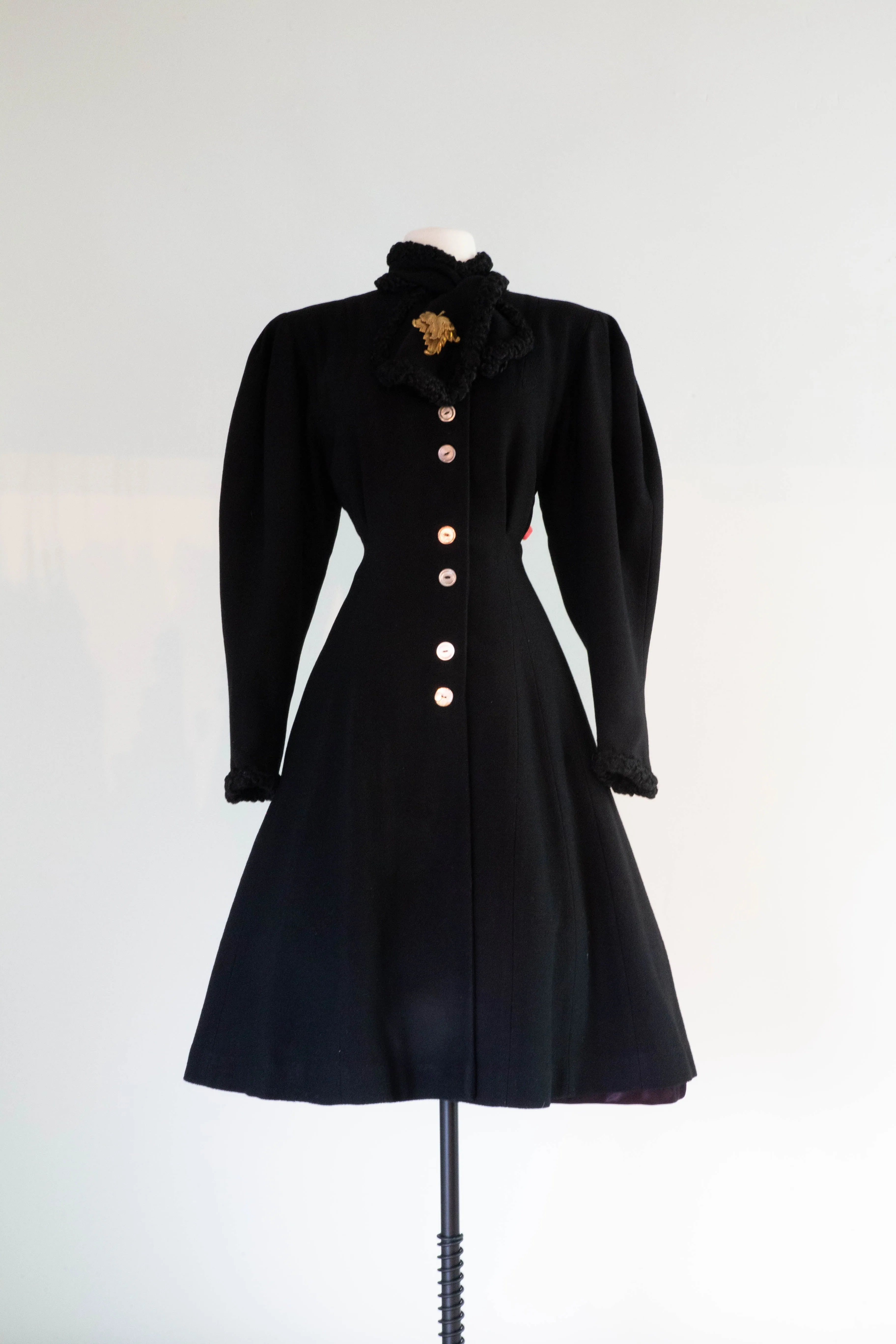 Dramatic 1930's Black Wool Princess Coat With Fur Trim / SM