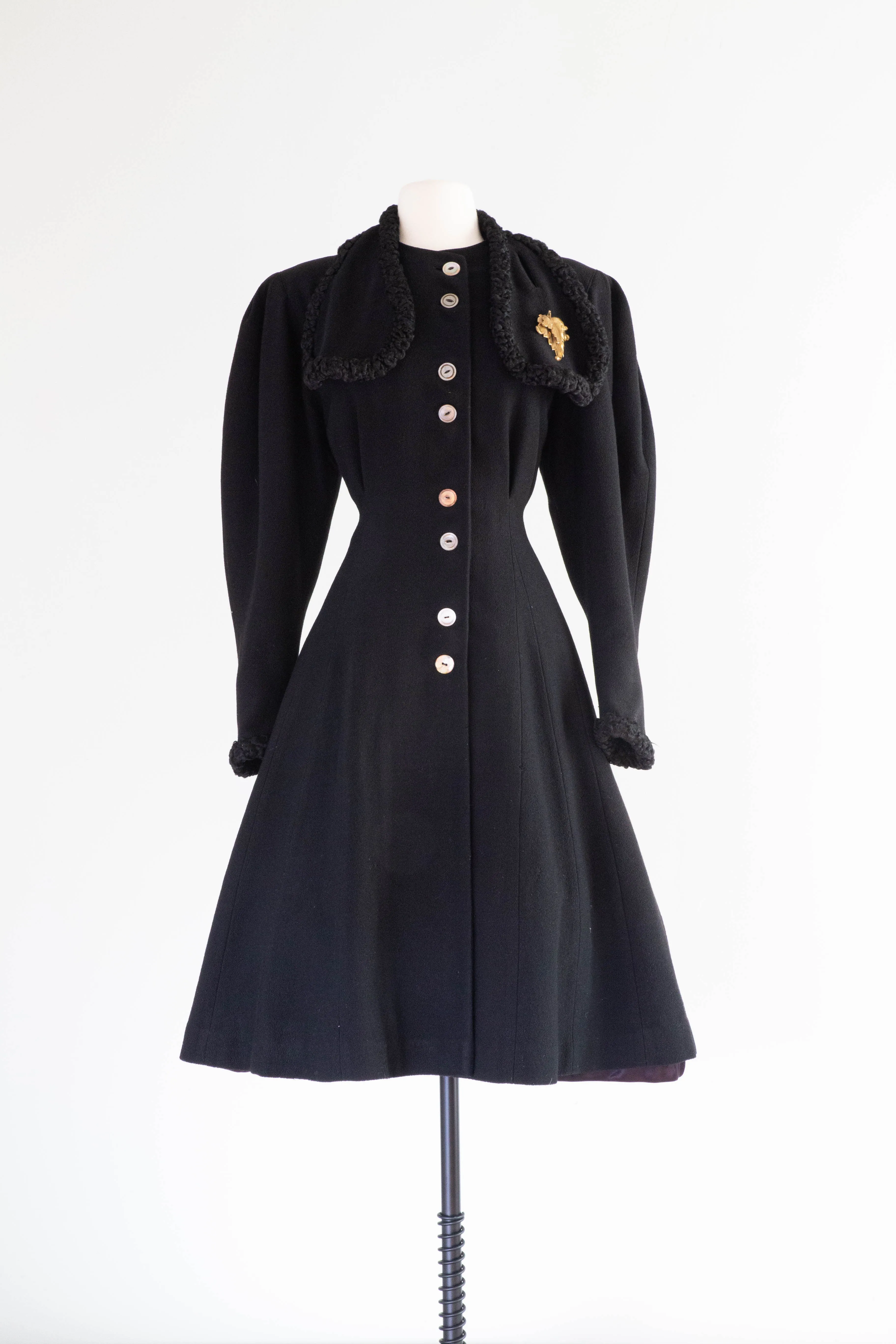Dramatic 1930's Black Wool Princess Coat With Fur Trim / SM