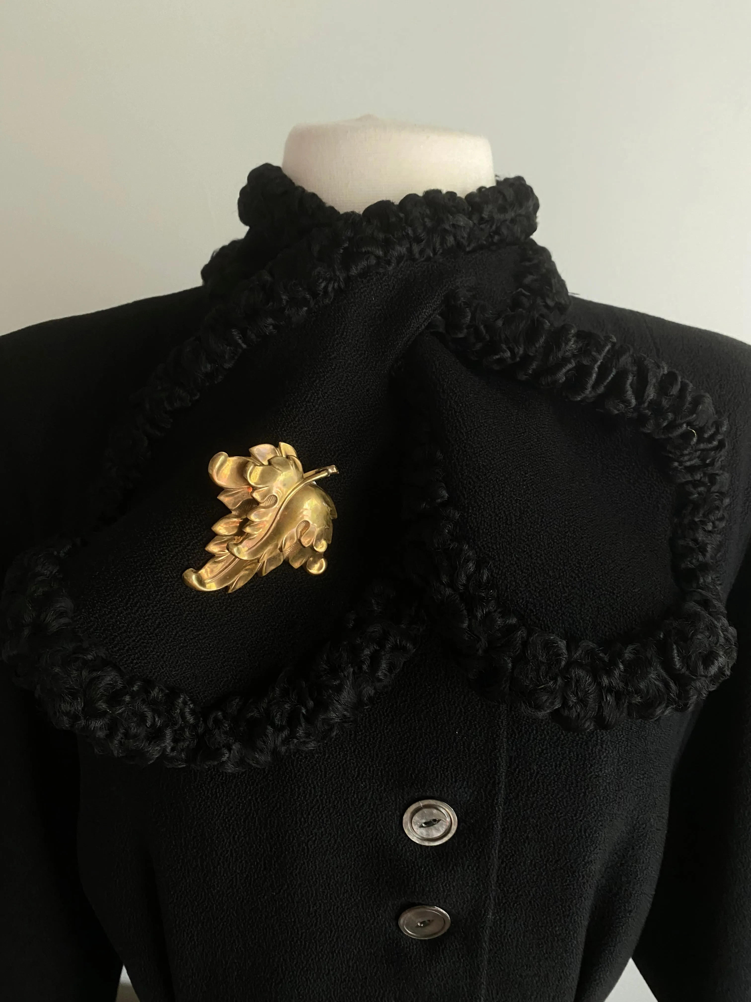 Dramatic 1930's Black Wool Princess Coat With Fur Trim / SM