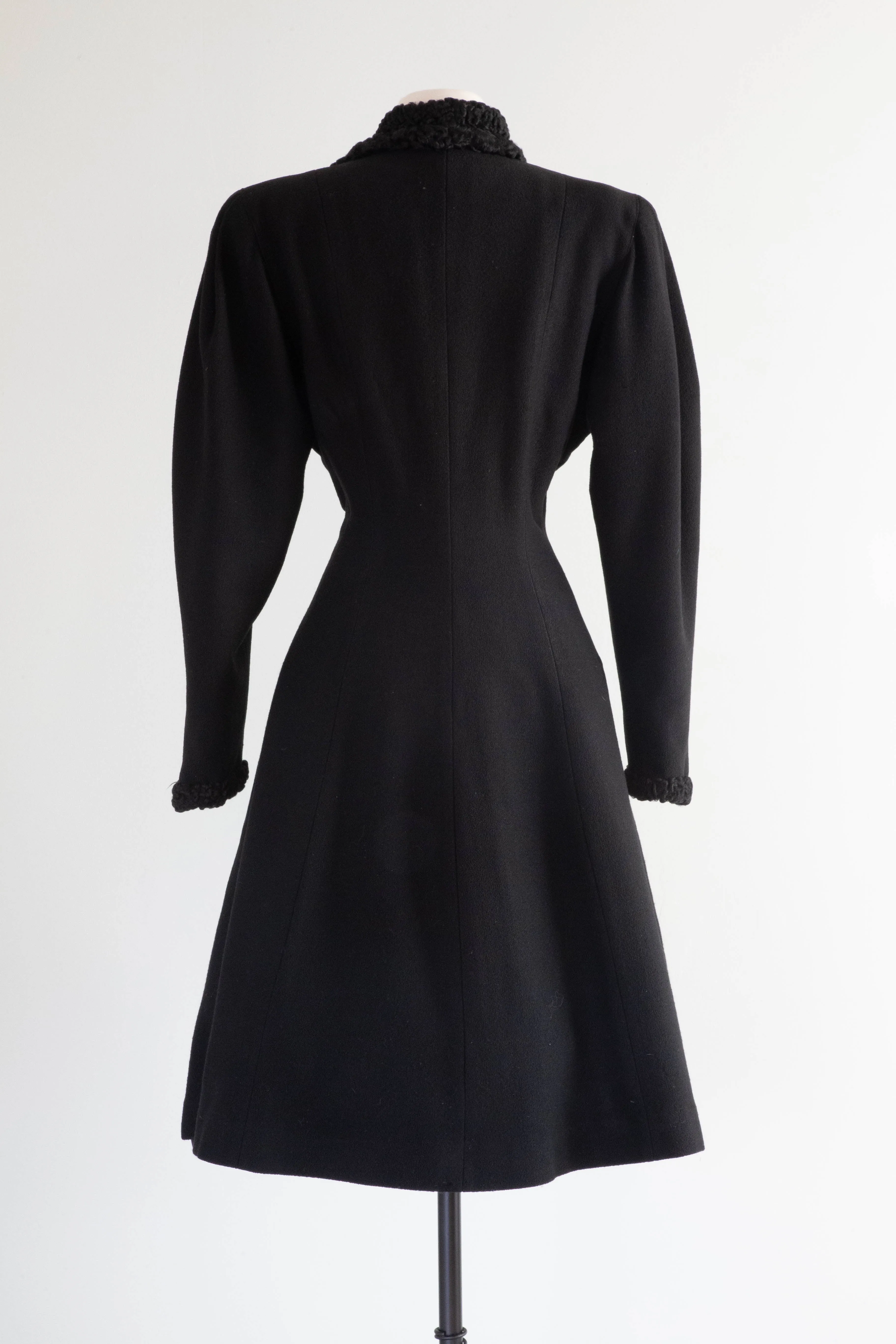 Dramatic 1930's Black Wool Princess Coat With Fur Trim / SM