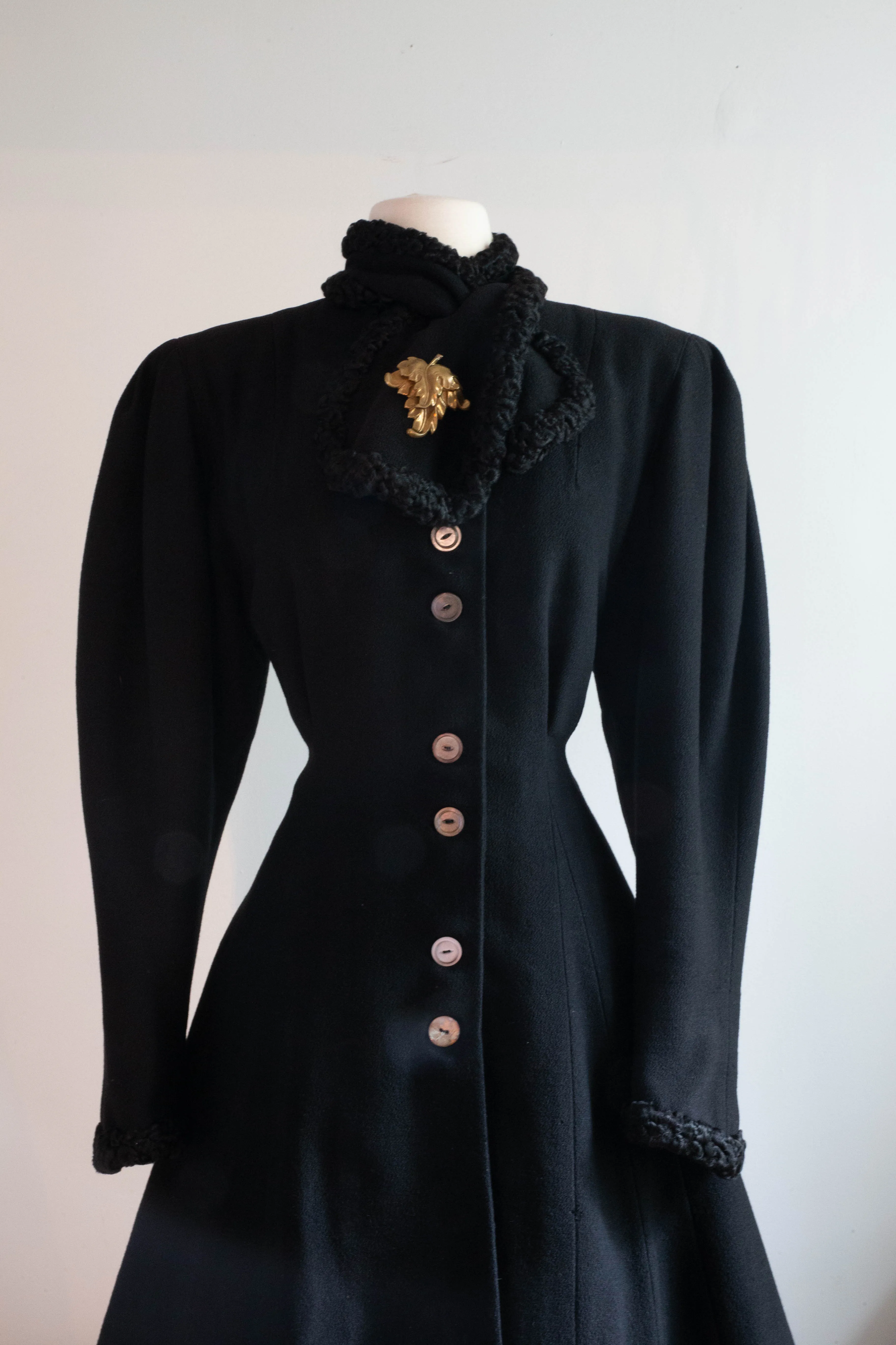 Dramatic 1930's Black Wool Princess Coat With Fur Trim / SM