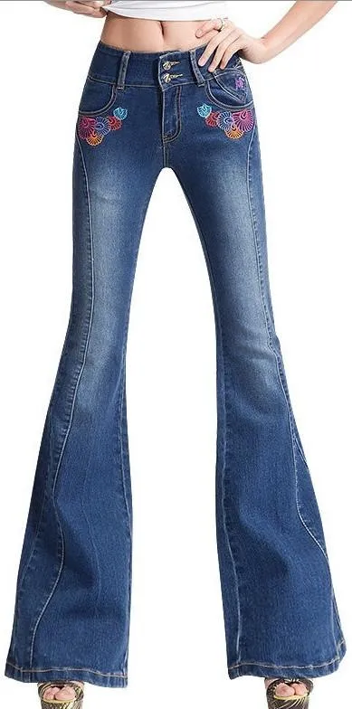 Embroidered Faded Flared Jeans
