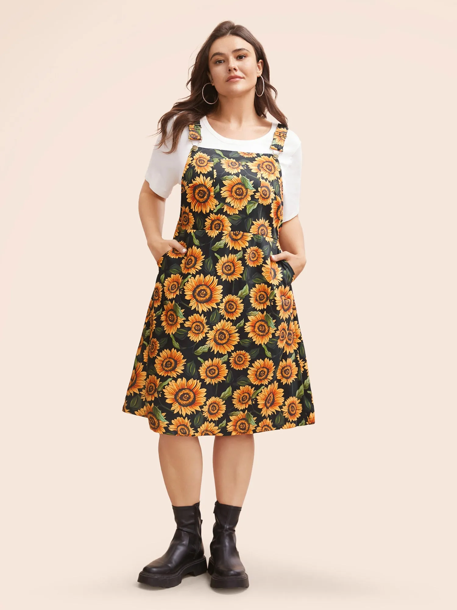 Floral Adjustable Straps Patched Pocket Overall Dress