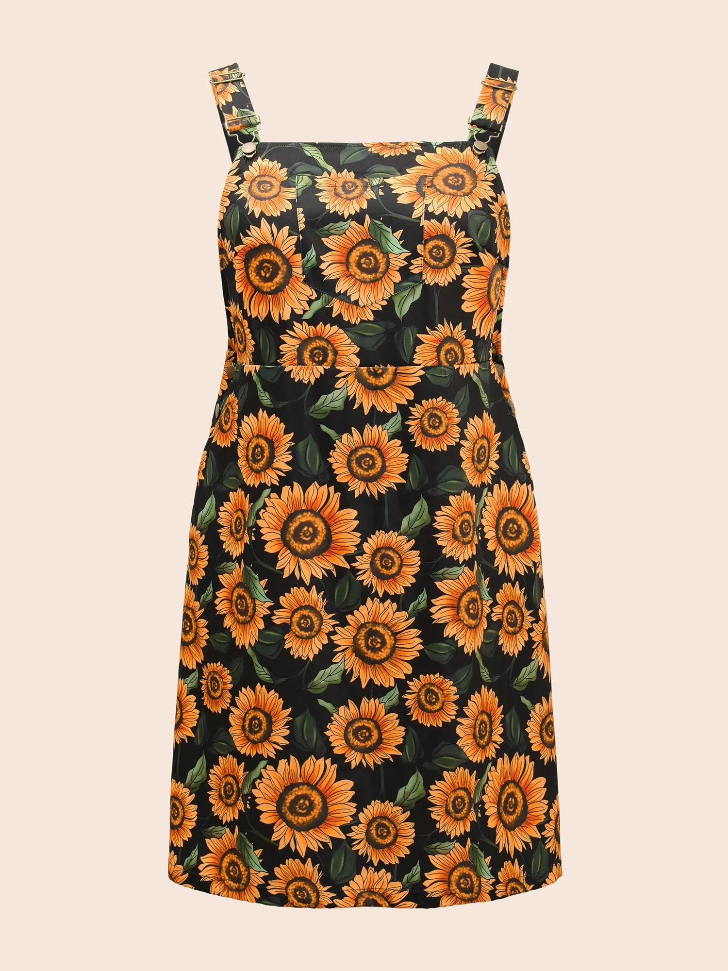 Floral Adjustable Straps Patched Pocket Overall Dress